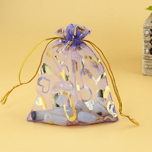Transparent organza bag purple bronzing peach heart Pearl yarn bag drawstring bag jewelry packaging bag gift bag