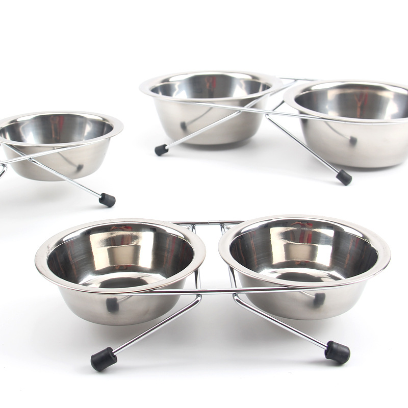 Factory Direct Pet stainless steel bowl non-slip iron bracket double bowl cat bowl large, medium and small dog bowl supplies spot