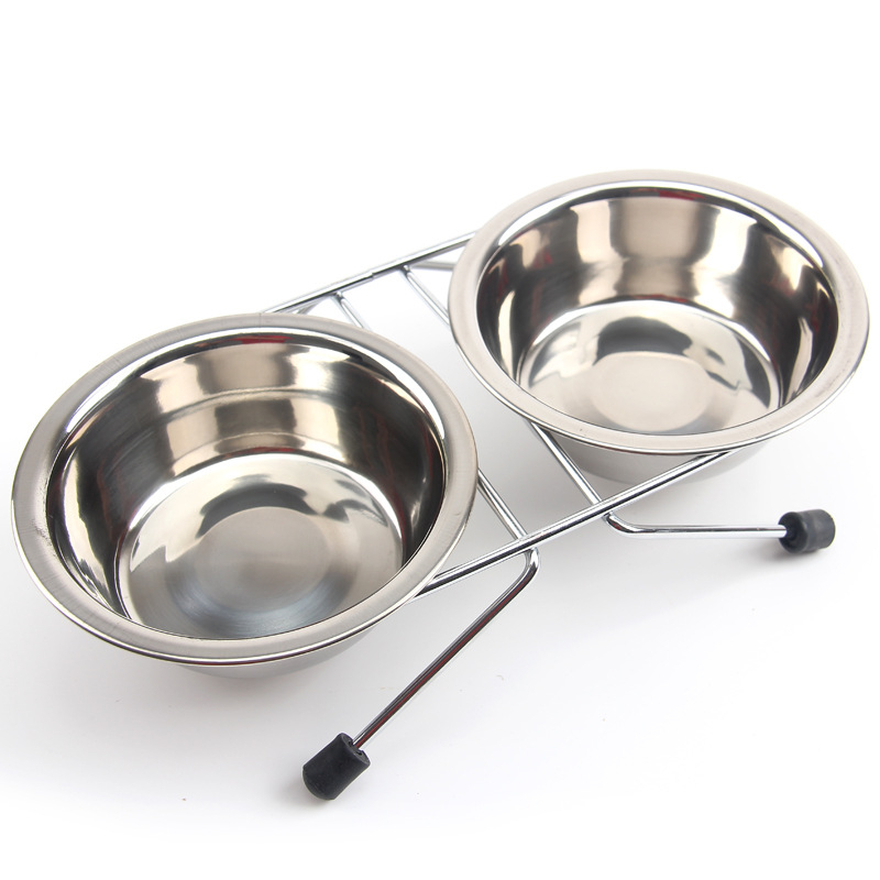 Factory Direct Pet stainless steel bowl non-slip iron bracket double bowl cat bowl large, medium and small dog bowl supplies spot