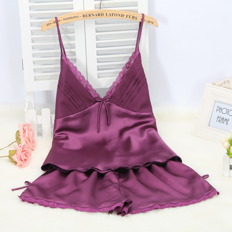Spring and Summer Sling Pajamas Women's Sexy Ice Silk Two-piece Suit Silk Short Hanging Shorts Large Size Thin Home Clothes