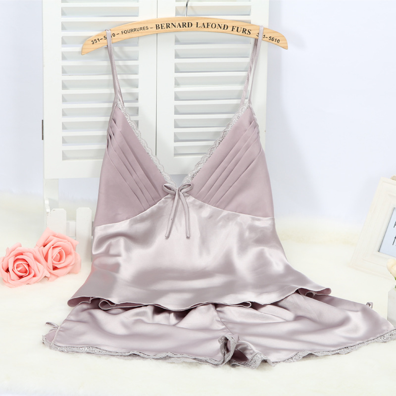 Spring and Summer Sling Pajamas Women's Sexy Ice Silk Two-piece Suit Silk Short Hanging Shorts Large Size Thin Home Clothes