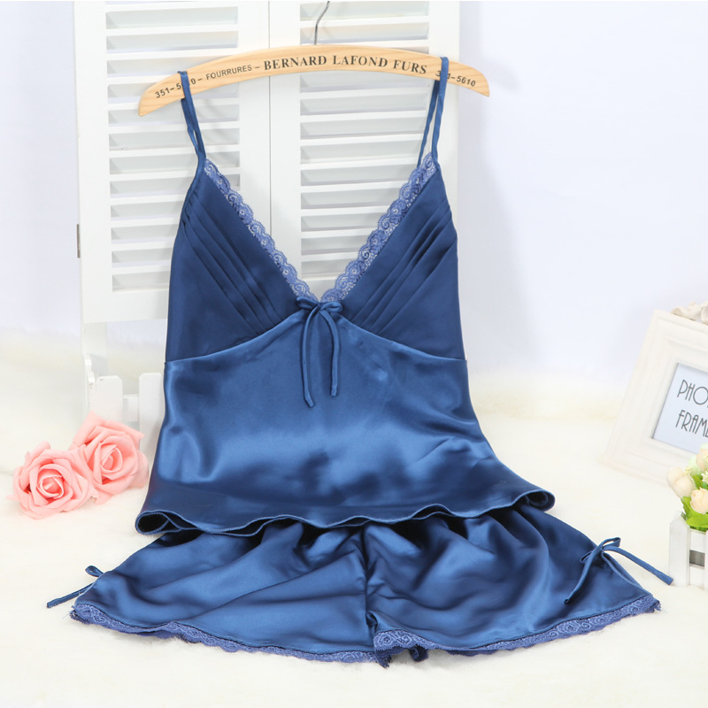 Spring and Summer Sling Pajamas Women's Sexy Ice Silk Two-piece Suit Silk Short Hanging Shorts Large Size Thin Home Clothes