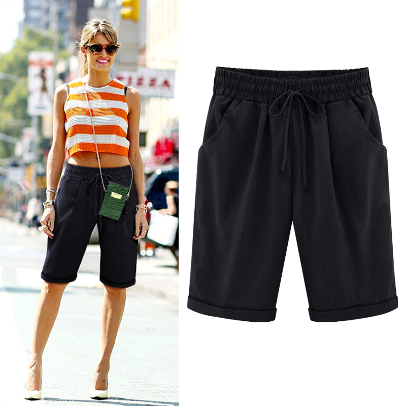 Amazon cross-border knee solid color summer women's casual pants pants sports drawstring pants size 300kg