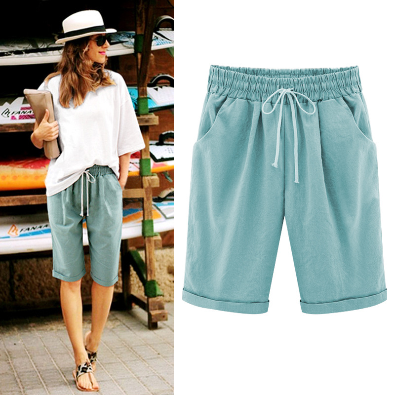 Amazon cross-border knee solid color summer women's casual pants pants sports drawstring pants size 300kg