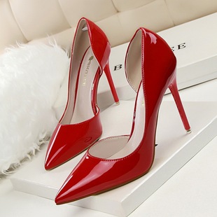 638-5 Korean Fashion Simple Thin Heel High Heel Patent Leather Shallow Mouth Pointed Hollow Sexy Slim High Heels Shoes