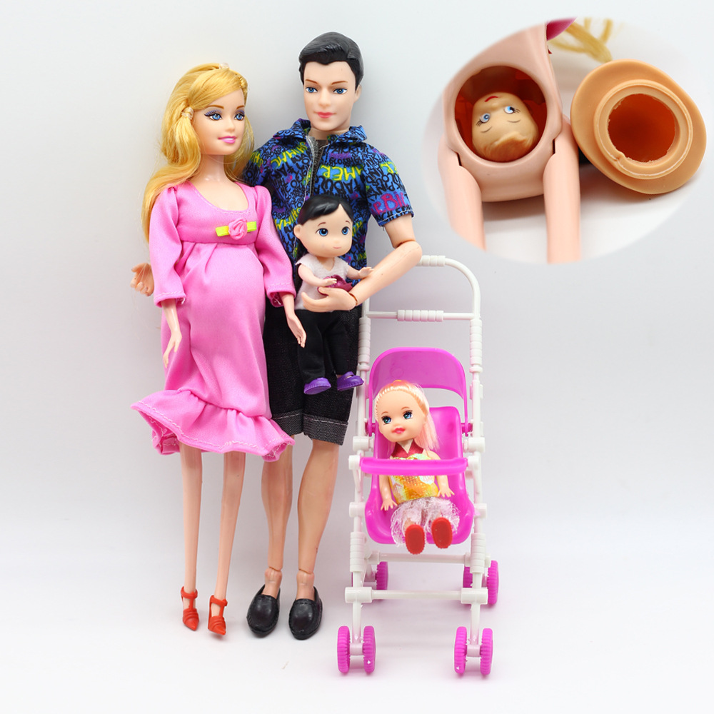 Pregnant doll set family group little girl + little boy + pregnant mother + father + trolley set toy