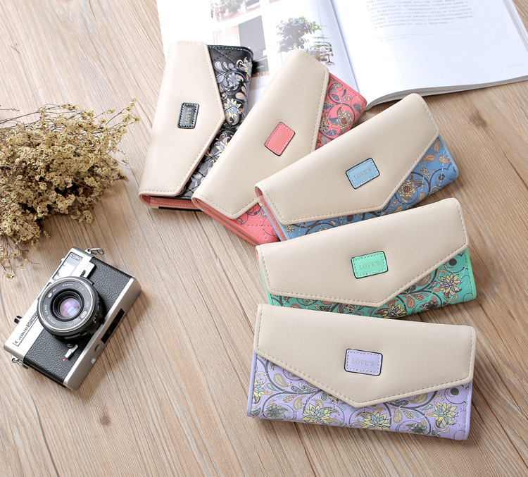 Popular Korean Style Pastoral Small Floral Rhombic Color Contrast Envelope Buckle Women's Wallet Three-fold Women's Bag Clutch Wallet