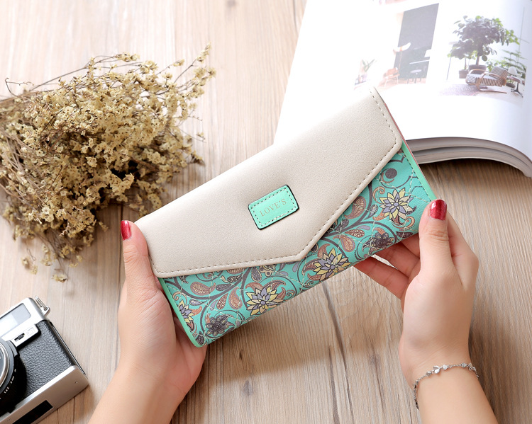 Popular Korean Style Pastoral Small Floral Rhombic Color Contrast Envelope Buckle Women's Wallet Three-fold Women's Bag Clutch Wallet