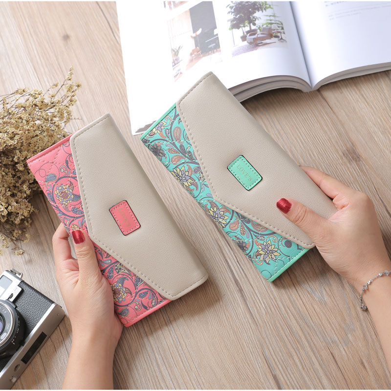 Popular Korean Style Pastoral Small Floral Rhombic Color Contrast Envelope Buckle Women's Wallet Three-fold Women's Bag Clutch Wallet