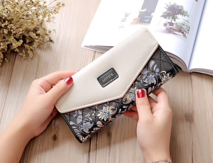 Popular Korean Style Pastoral Small Floral Rhombic Color Contrast Envelope Buckle Women's Wallet Three-fold Women's Bag Clutch Wallet