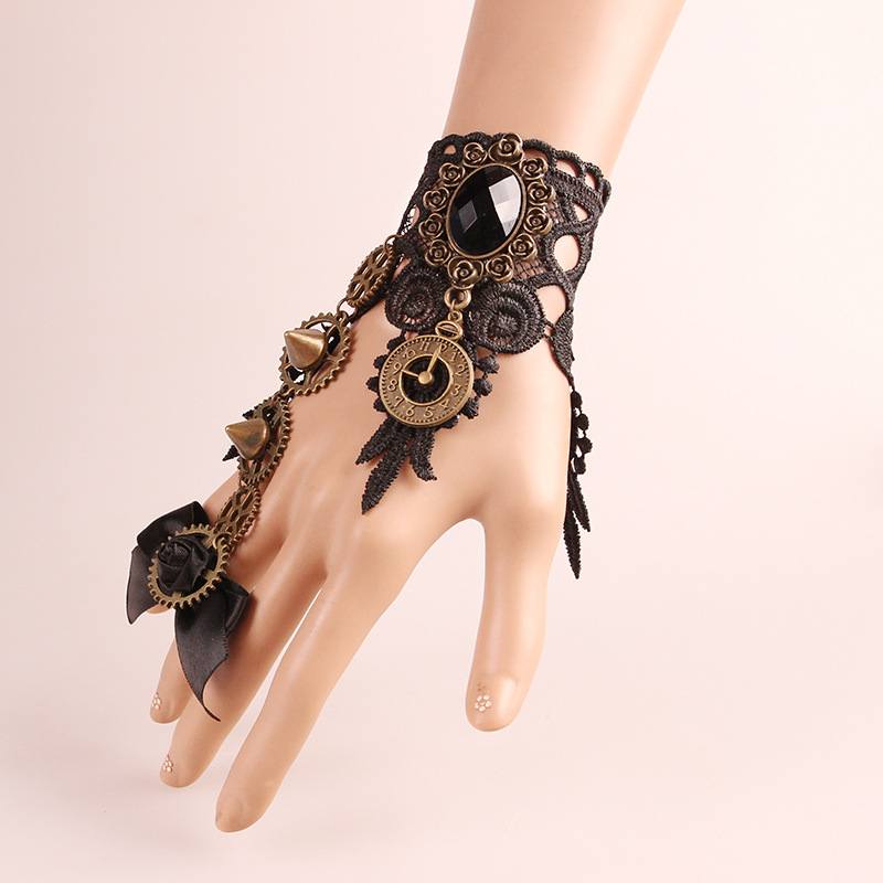 European and American fashion jewelry vintage bracelet with ring integrated lace clock mechanical gear necklace bracelet suit