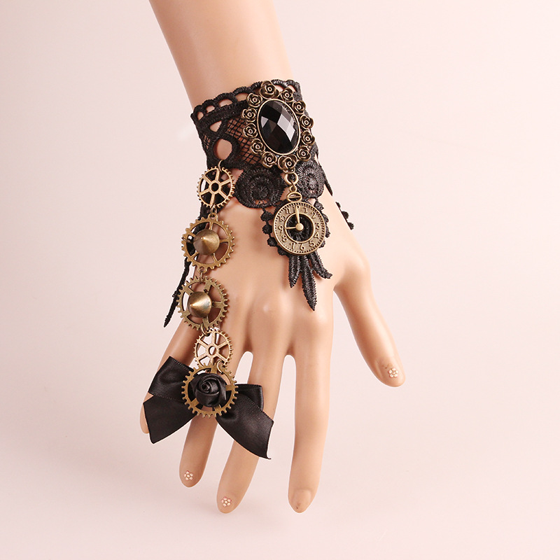 European and American fashion jewelry vintage bracelet with ring integrated lace clock mechanical gear necklace bracelet suit