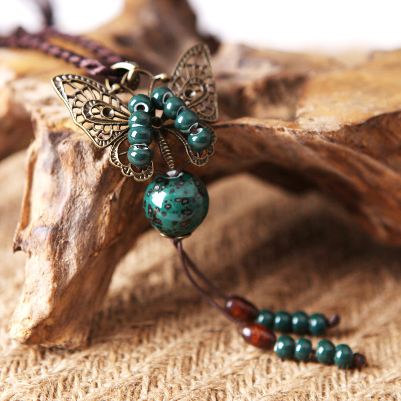 Qingge Ethnic Style Necklace Vintage All-match Butterfly Color Glaze Pendant Woolen Chain Long Spring and Summer Women's Style