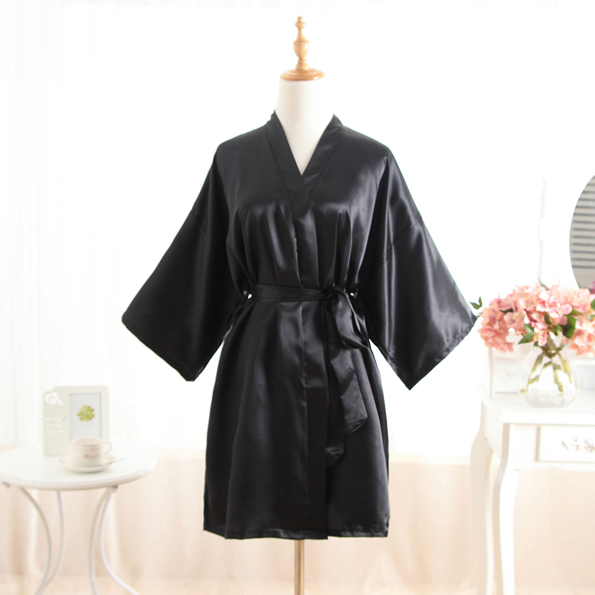 Cross-border summer Foreign trade imitation silk solid color nightgown single piece short kimono bathrobe cardigan robe support generation morning robe
