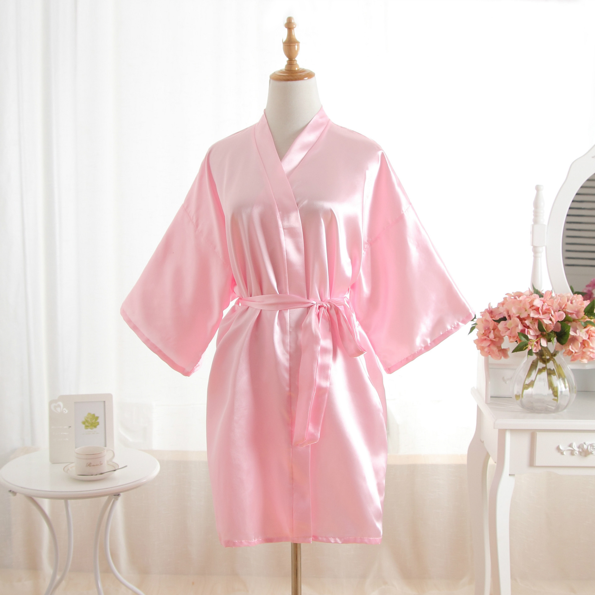 Cross-border summer Foreign trade imitation silk solid color nightgown single piece short kimono bathrobe cardigan robe support generation morning robe