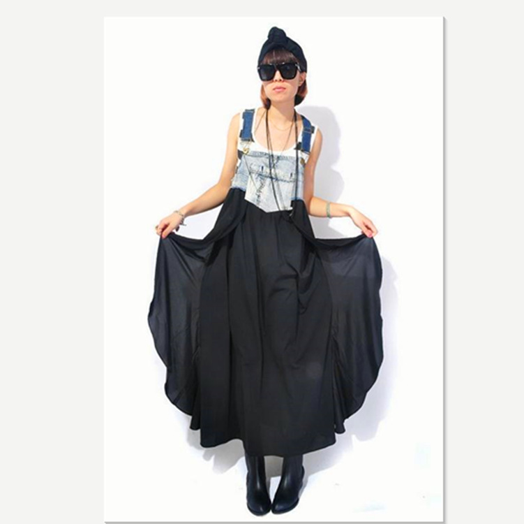 New Fashion Ruffled Long Dress Loose European and American Large Size Denim Strap Dress Large Swing Dress Spot Amazon