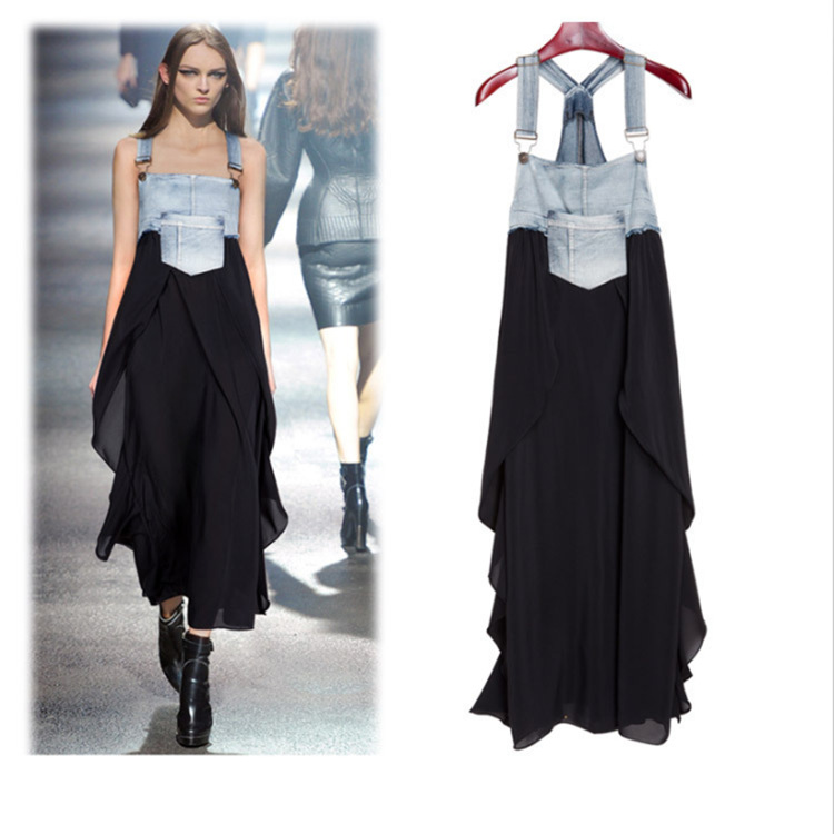 New Fashion Ruffled Long Dress Loose European and American Large Size Denim Strap Dress Large Swing Dress Spot Amazon