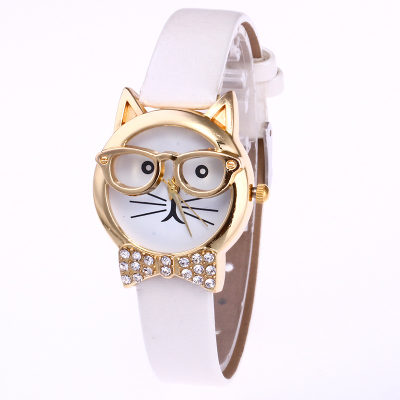 動物貓臉鑲鑽領結眼鏡貓石英手錶 學生卡通 wish watches一件代發