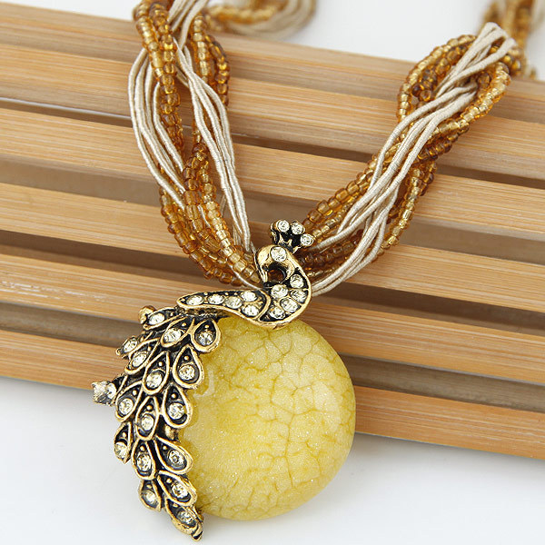 Bohemian Style Tassel Vintage Peacock Gemstone Elegant Women's Rice Bead Necklace Woolen Chain