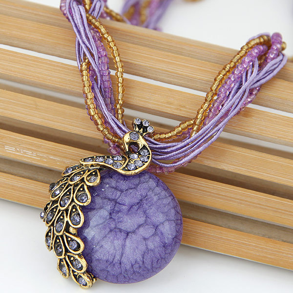 Bohemian Style Tassel Vintage Peacock Gemstone Elegant Women's Rice Bead Necklace Woolen Chain