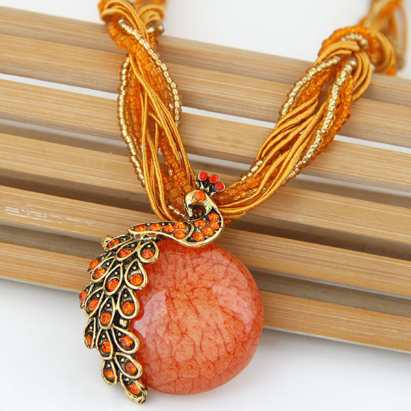 Bohemian Style Tassel Vintage Peacock Gemstone Elegant Women's Rice Bead Necklace Woolen Chain