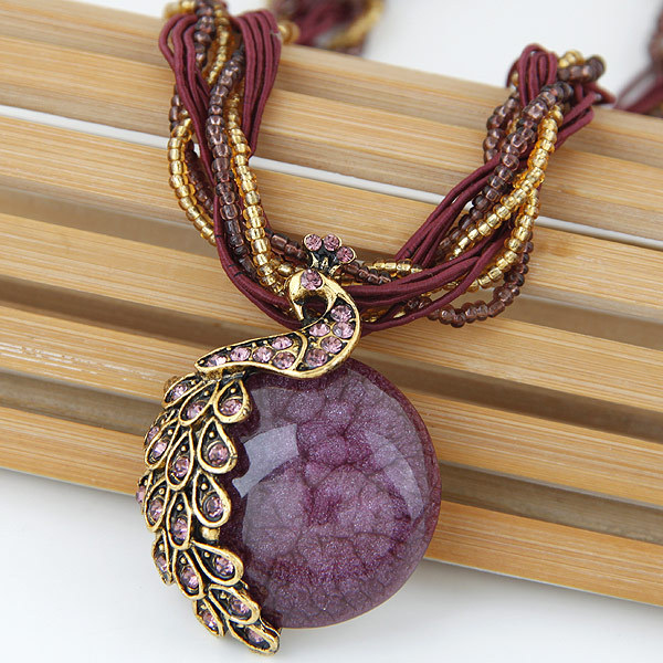 Bohemian Style Tassel Vintage Peacock Gemstone Elegant Women's Rice Bead Necklace Woolen Chain
