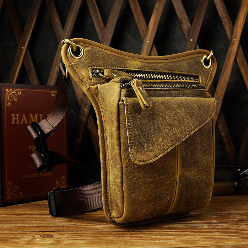 The first layer of oily leather cowhide foreign trade European men's cool mobile phone camera outdoor 8-inch leg bag waist bag 211-3
