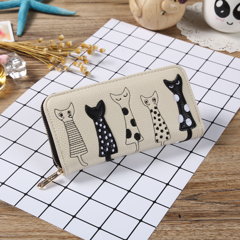New European and American Explosions Cat Cute Cartoon Embroidered Line Women's Long Wallet Women's Long Clutch Coin Purse