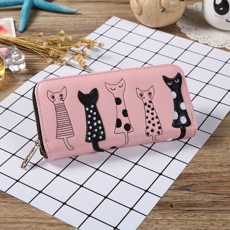 New European and American Explosions Cat Cute Cartoon Embroidered Line Women's Long Wallet Women's Long Clutch Coin Purse