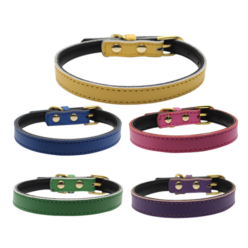Factory Direct comfortable cowhide pet collar small dog leather collar stainless steel iron lettering dog collar