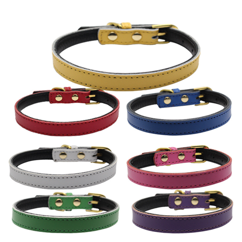Factory Direct comfortable cowhide pet collar small dog leather collar stainless steel iron lettering dog collar