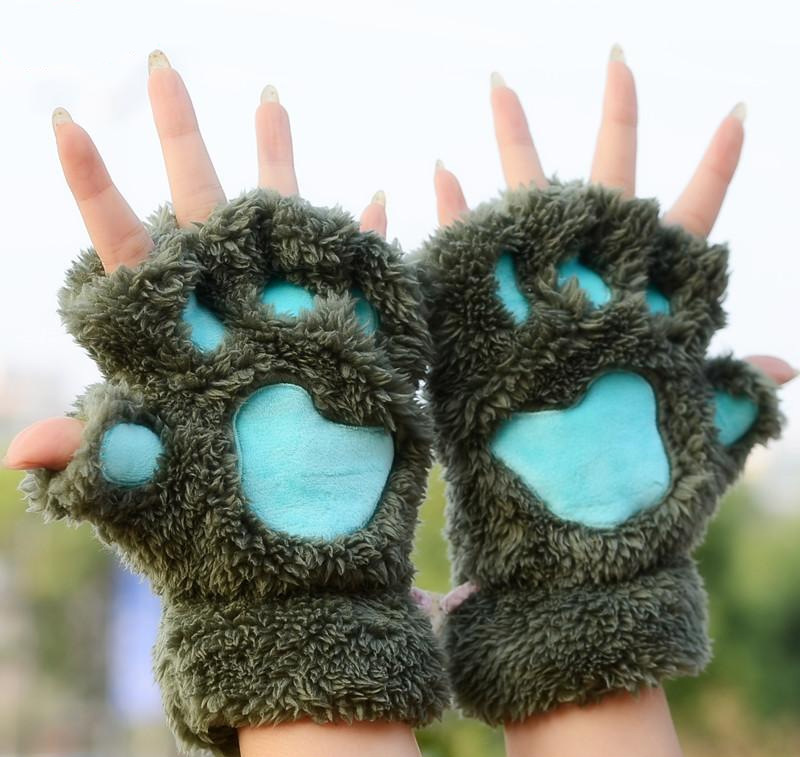 Cat's Claw Gloves Winter Cute Cartoon Cat Girl's Gloves Thickened Fluffy Bear's Paw Half-Finger Gloves