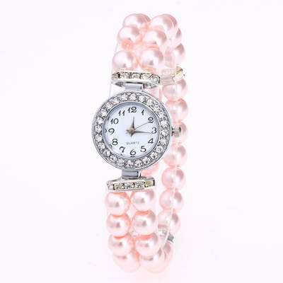 Round Diamond Decorative Exquisite Small Dial Casual Watch Women's Glass Pearl String Bracelet Quartz Watch