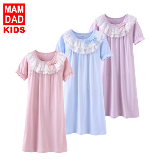 Girl's Nightgown Cotton Short-sleeved Summer New Lace Lace Baby Girl's Pajamas Home Clothes Parents Home Clothes