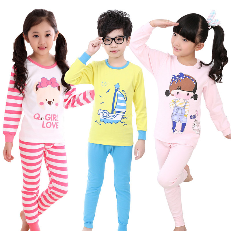 Girls and Boys' Autumn Clothes and Trousers Cotton Sweater Spring and Autumn Big Children's Baby Underwear Set All Cotton Pajamas for Hair
