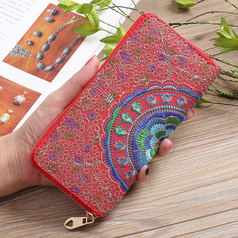 2022 new Yunnan ethnic style long zipper clutch fabric double-sided embroidery ladies wallet wholesale supply