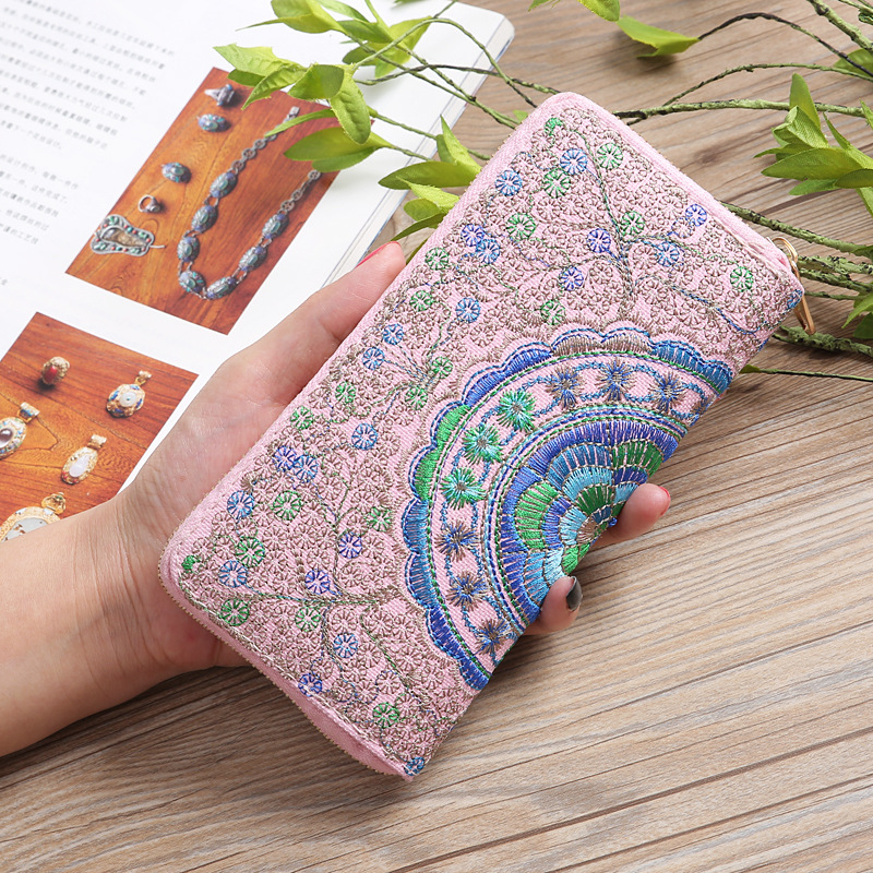 2022 new Yunnan ethnic style long zipper clutch fabric double-sided embroidery ladies wallet wholesale supply