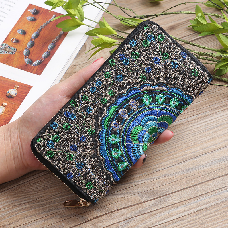 2022 new Yunnan ethnic style long zipper clutch fabric double-sided embroidery ladies wallet wholesale supply