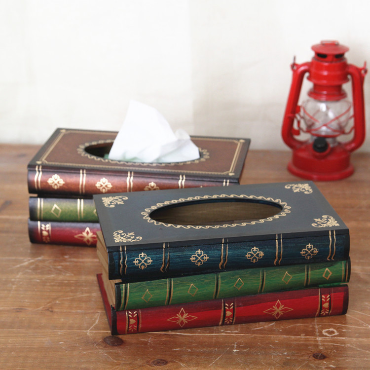 Amazon wooden simulated book paper drawer retro European hand-painted book-shaped tissue box art restaurant home furnishings