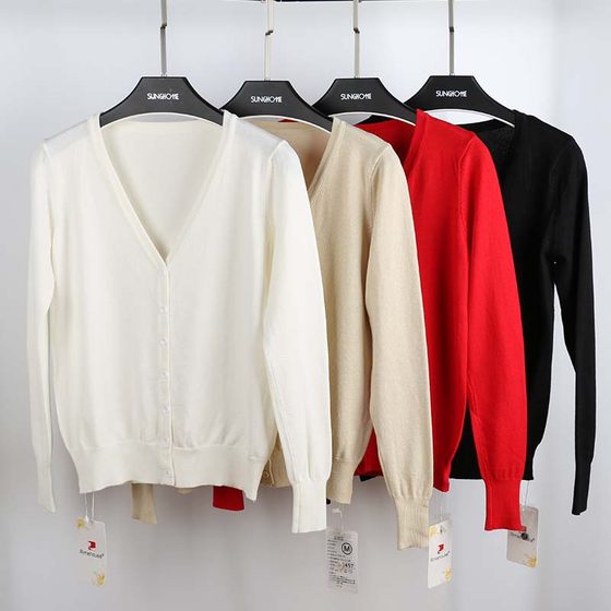 2023 Korean style large size women's v-neck spring and autumn knitted cardigan women's solid color long sleeve v-neck thin sweater in stock