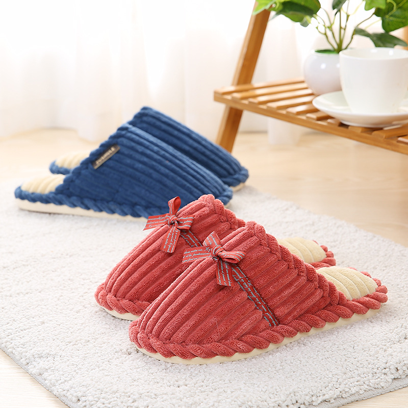 Autumn and winter new non-slip men's and women's winter warm home shoes bow corduroy plush handmade cotton slippers