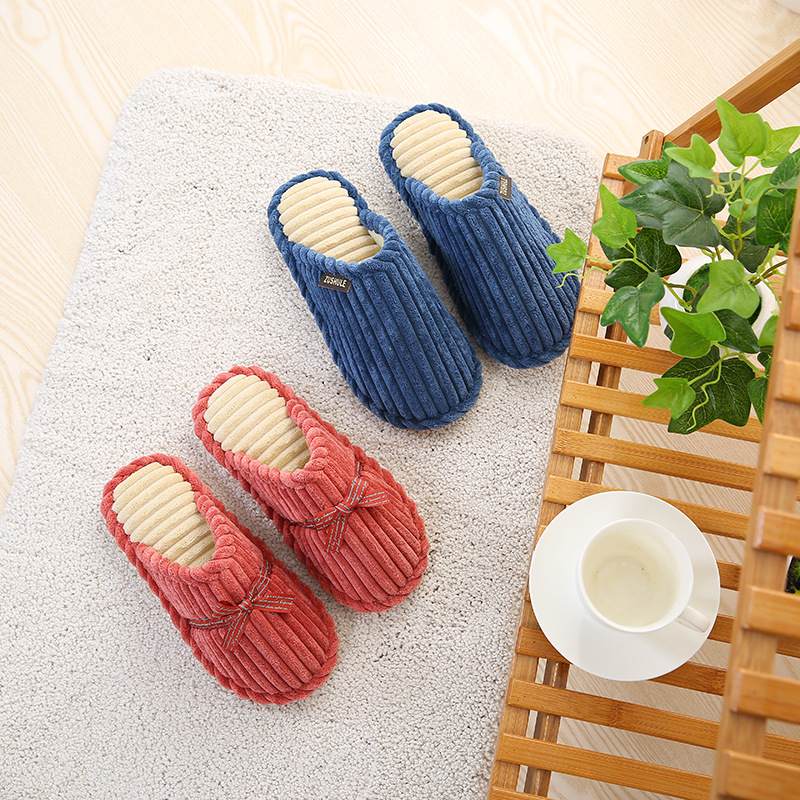 Autumn and winter new non-slip men's and women's winter warm home shoes bow corduroy plush handmade cotton slippers