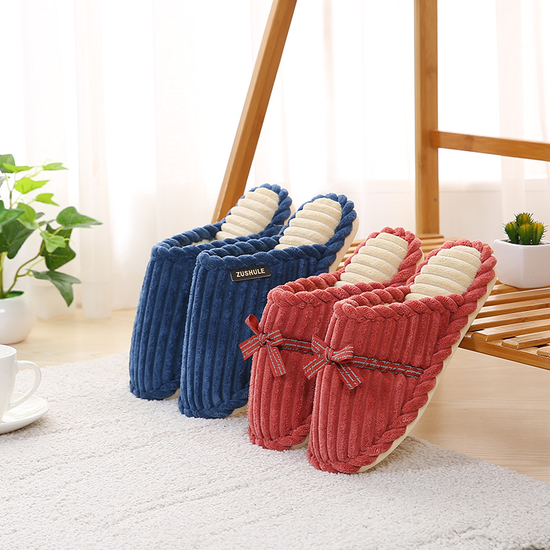 Autumn and winter new non-slip men's and women's winter warm home shoes bow corduroy plush handmade cotton slippers
