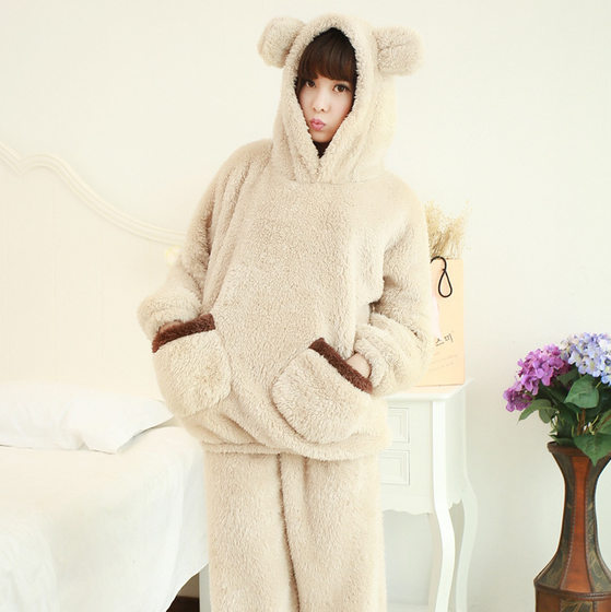 Autumn and Winter Women's Flannel Long-sleeved Pajamas Cute Plush Korean Style Thickened Winter Coral Fleece Home Clothes Set