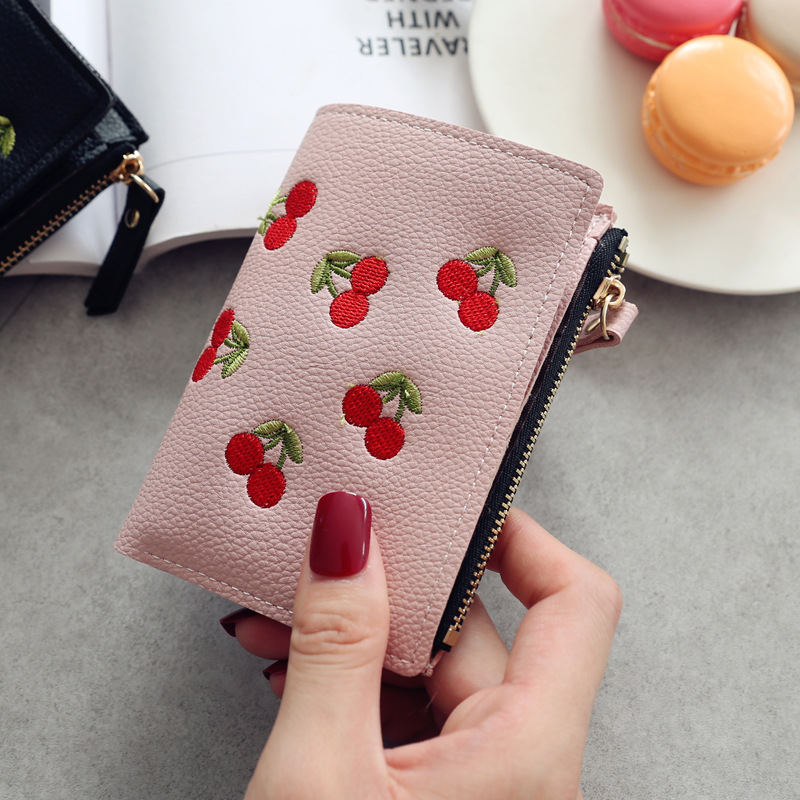Women's vertical buckle cherry embroidered short fashion wallet 2024 new student simple fashion wallet