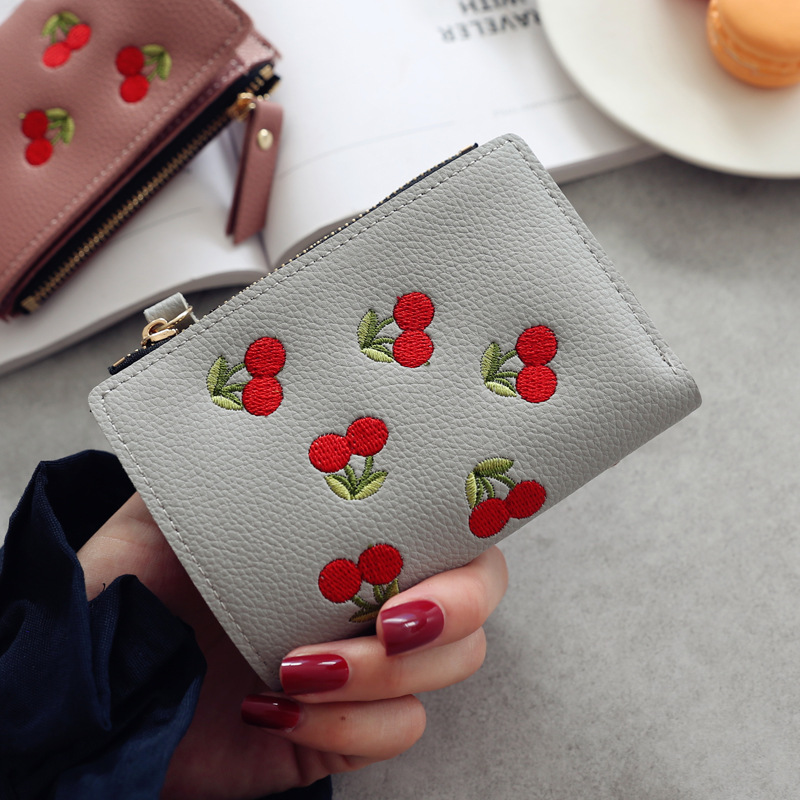 Women's vertical buckle cherry embroidered short fashion wallet 2024 new student simple fashion wallet