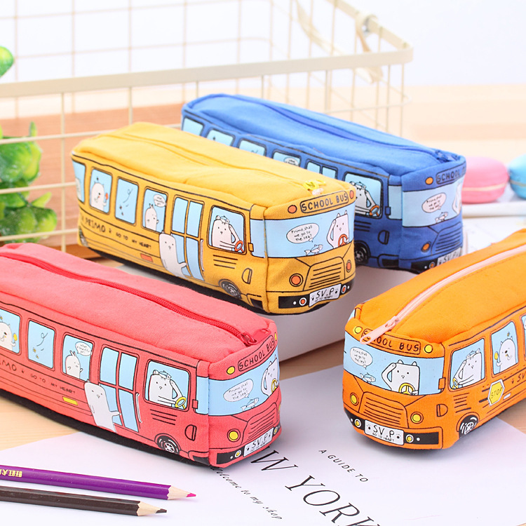 Korean Creative Student Stationery Small Animal Bus Pencil Case Bus Pencil Case Canvas Stationery Box for Men and Women