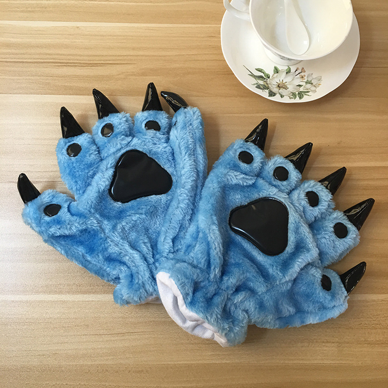 Winter Long Hair Cotton Velvet Dinosaur Pikachu Gloves Flannel Cartoon Animal One-Piece Pajamas Matching Gloves Claw