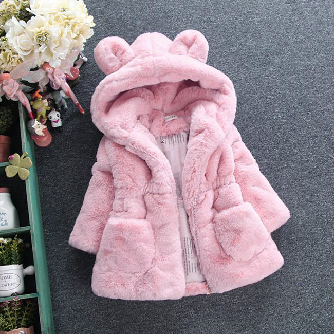 Foreign Trade Autumn and Winter New Girls' Faux Fur Jacket Korean Rabbit Ear Woolen Sweater Thickened Children's Quilted Jacket