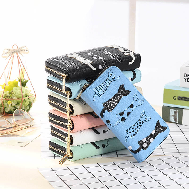 New European and American Explosions Cat Cute Cartoon Embroidered Line Women's Long Wallet Women's Long Clutch Coin Purse